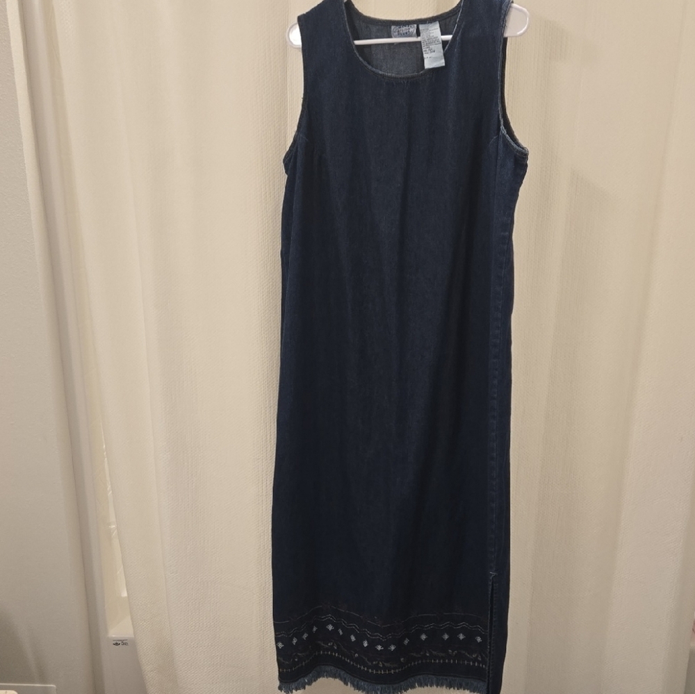 Vintage Carolina Blues Sleeveless Denim Maxi Dress With Embroidery And Fringe